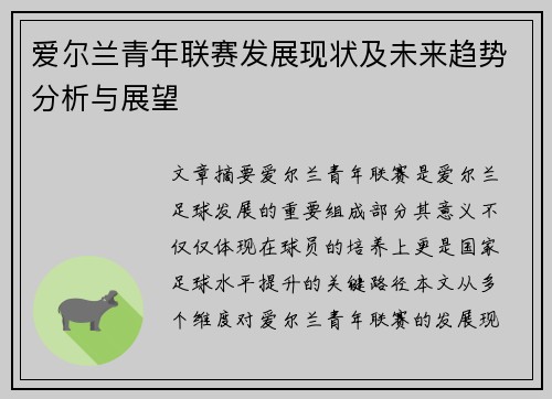 爱尔兰青年联赛发展现状及未来趋势分析与展望 爱尔兰青年联赛发展现状及未来趋势分析与展望